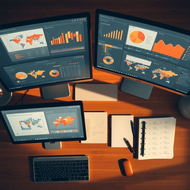 Workspace de data-viz cu multiple monitoare afișând grafice interactive