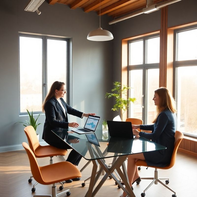 Interior modern de birou din București cu doi profesioniști discutând la o masă cu laptopuri