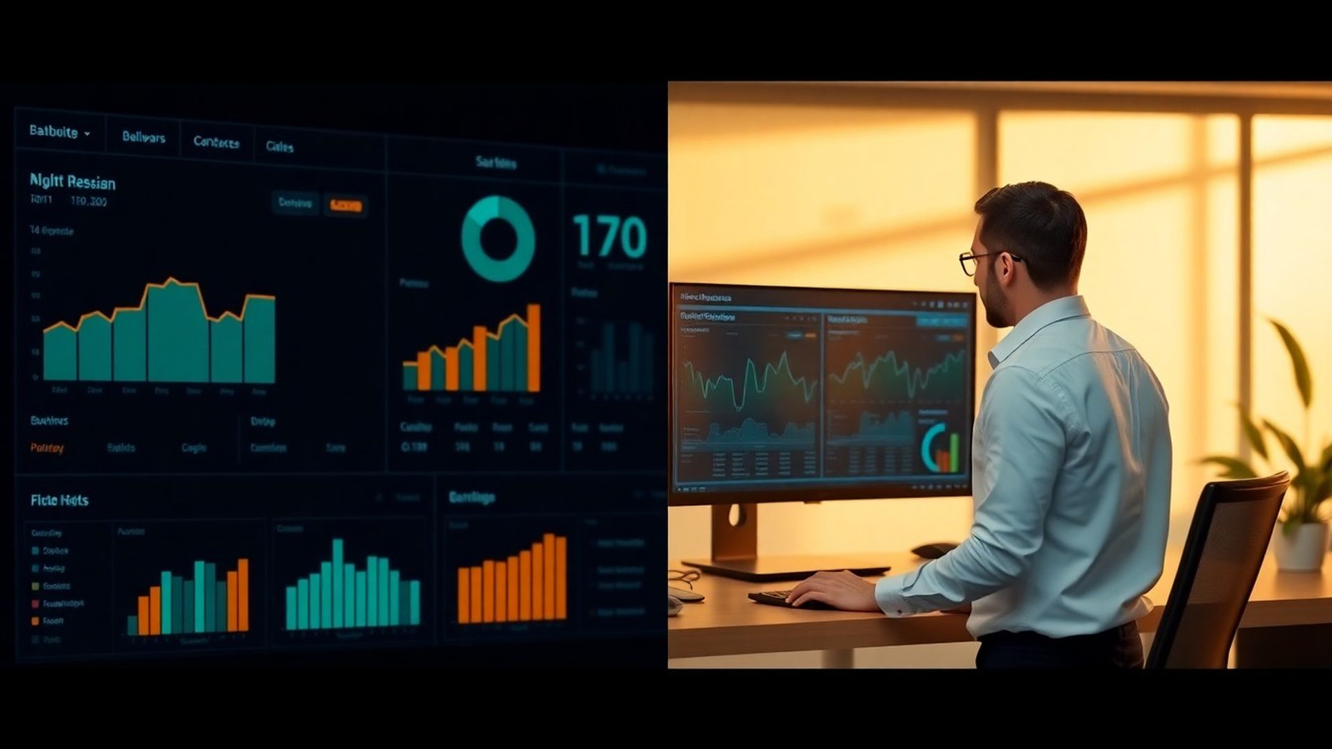 Dashboard analytics slate-profesional afișat pe monitorul unui specialist